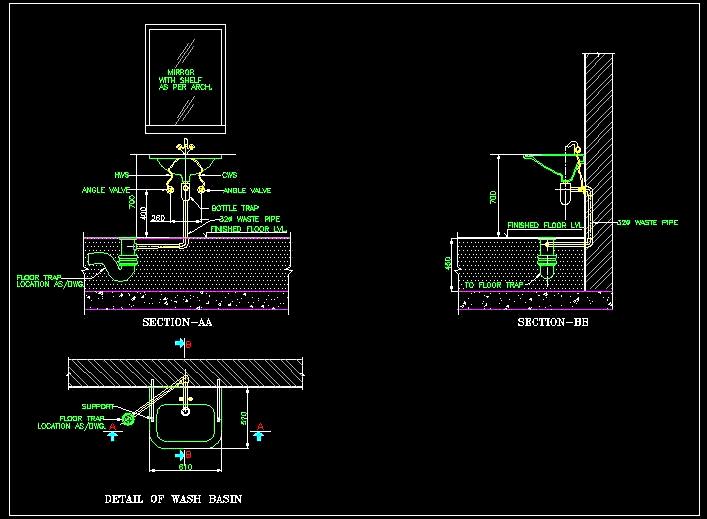 Wash Basin Plumbing Design DWG- Plan, Elevation, and Fixing